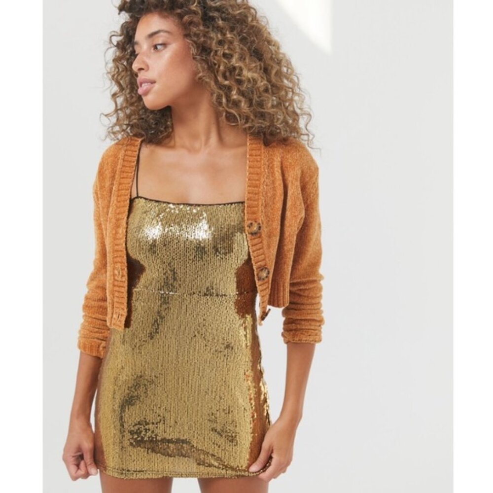Urban Outfitters Jenny Gold Sequin Slip Mini Dress Size M EUC